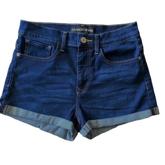 Express High Rise Dark Wash Cuffed Jean Shorts 8 - Picture 1 of 4